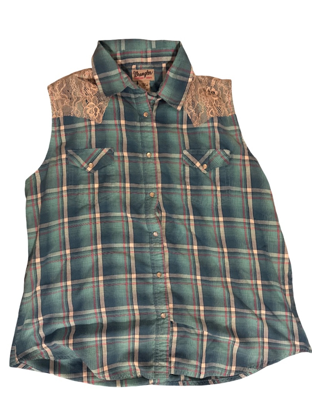 Wrangler Teal Plaid Sleeveless Button-Front Top with Lace Yoke